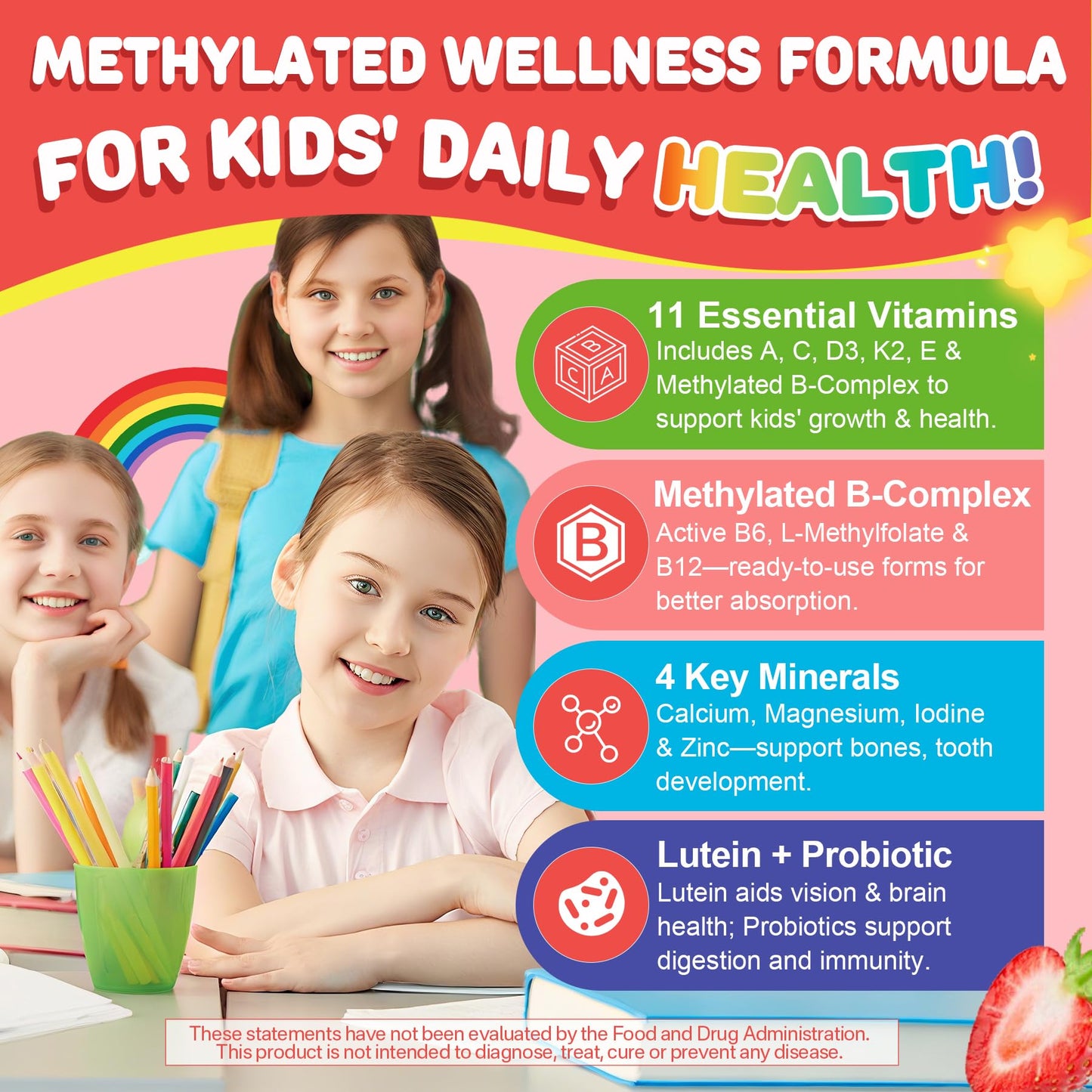 Kids Multivitamin Gummies + Calcium, Probiotics, Vitamin D3, C, Methylated B12 & Methylfolate, B6, A, K2, E, Zinc, Prebiotics for Children Ages 4+, Clean & Sugar Free, for Nutritional Support, 60 Cts