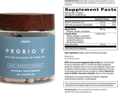 Plexus® ProBio 5®, 60 Capsules | 3 Billion CFU from 5 probiotic strains to support gut microbiome balance and healthy digestion