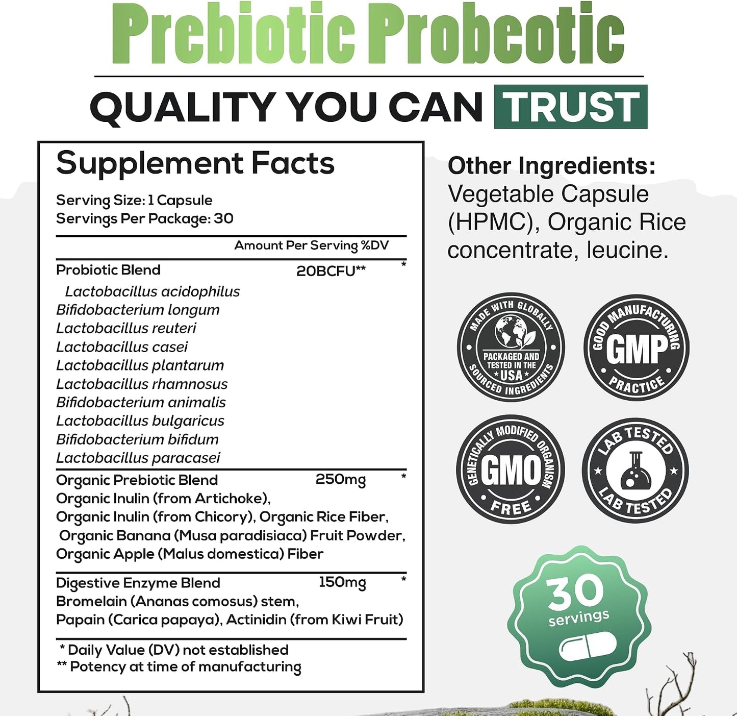 Wild Prebiotics and Probiotics with Digestive Enzymes | 20 Billion CFU - 10 Strains for Women & Men | Support Gut Health & Digestion Supplements | Non-GMO Prebiotic Fiber | 30 Count (Pack of 2)