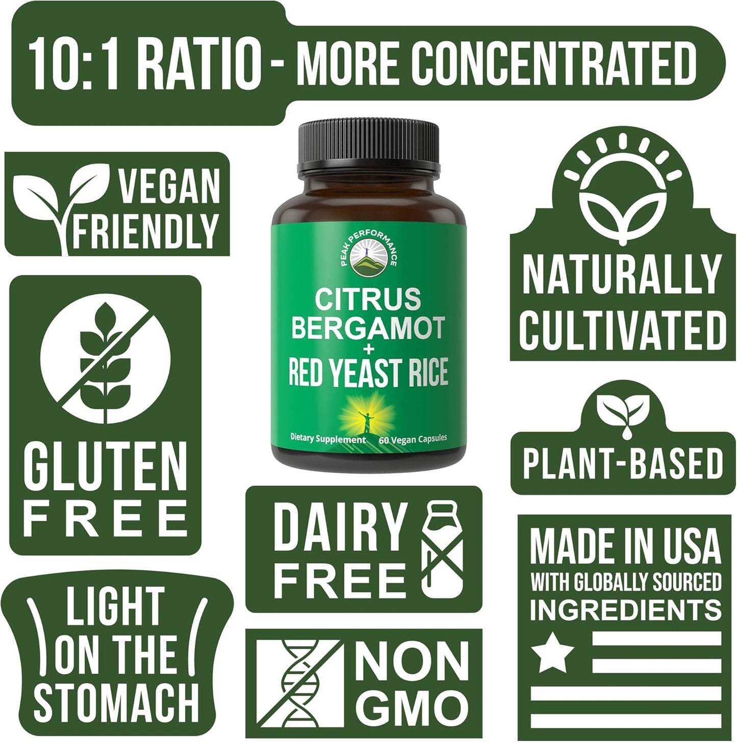 Peak Performance Citrus Bergamot + Red Yeast Rice. 2-in-1 Supplement. High Strength 10:1 Bergamot Extract. No Gluten, Zero Sugar, Vegan Capsules
