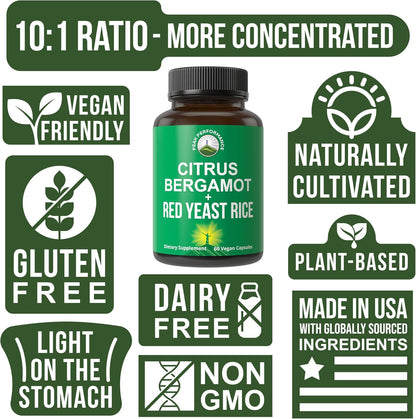 Peak Performance Citrus Bergamot + Red Yeast Rice. 2-in-1 Supplement. High Strength 10:1 Bergamot Extract. No Gluten, Zero Sugar, Vegan Capsules