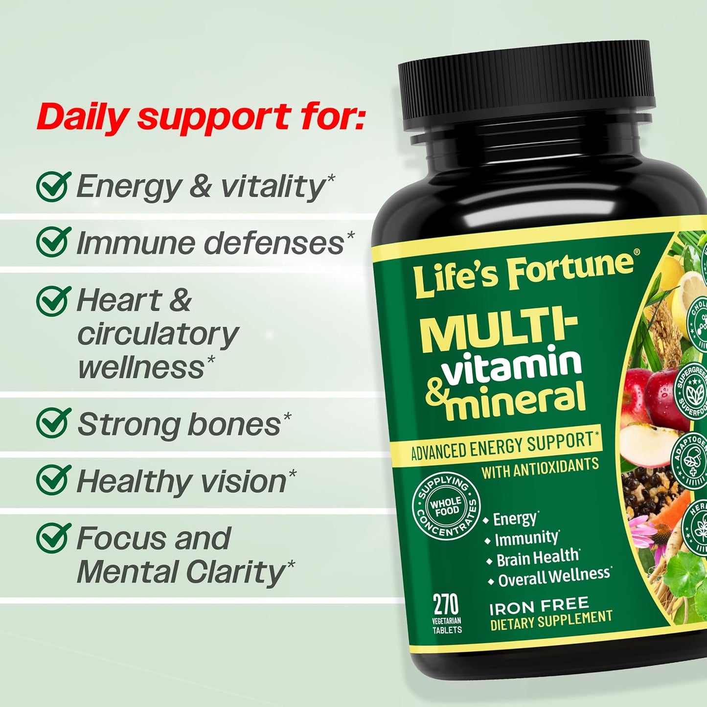 Life's Fortune Whole Food Multivitamin & Mineral Supplement for Men & Women – Energy Support Vitamins for Immune, Brain & Metabolism Support – Iron Free, 270 Vegetarian Tablets