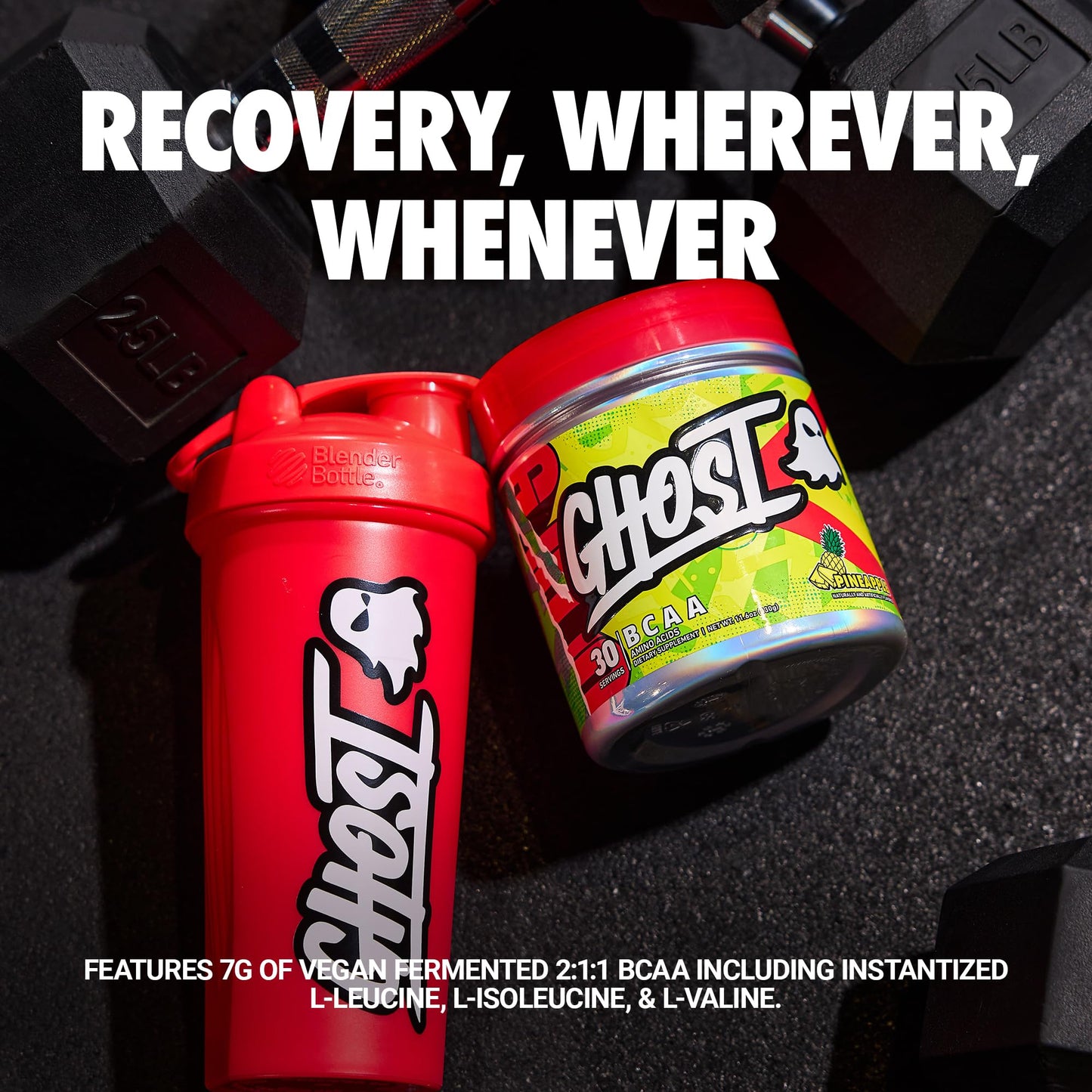 GHOST BCAA Powder Amino Acids Supplement, Sour Strips - 30 Servings - Sugar-Free Intra, Post & Pre Workout Amino Powder & Recovery Drink, 7G BCAA