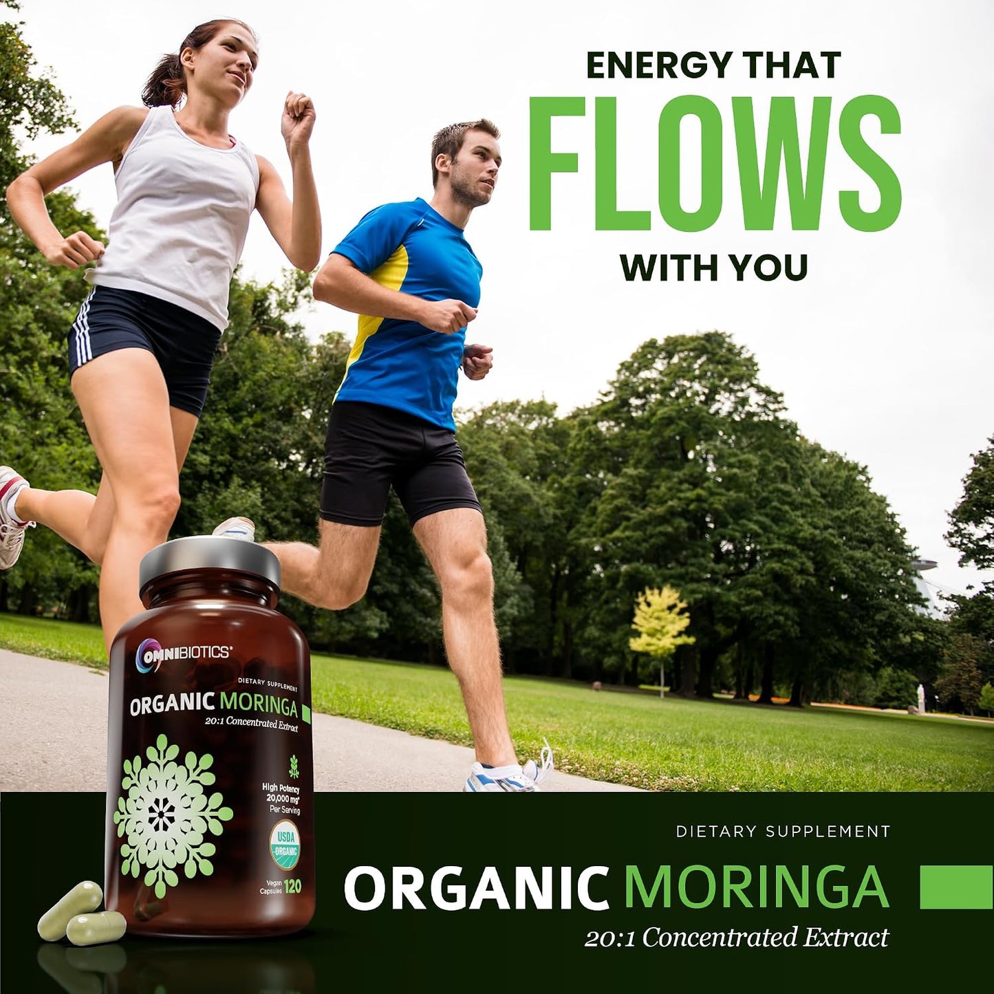OmniBiotics Organic Moringa Capsules 1000mg Per Serving (120 Vegan Capsules) - Powerful 20:1 Moringa Oleifera Extract for Antioxidant, Immune & Cellular Support, Certified Kosher, Made in USA(60 Days)