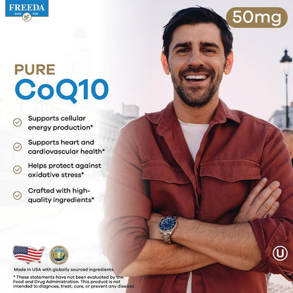 FREEDA CoQ10 50mg Vegan Coenzyme Q10 Supplement - 50 Count | Vegan Coq10 Supplement with 50mg Pure Ubiquinone to Support Cardiovascular Wellness, Healthy Aging, Gum Health