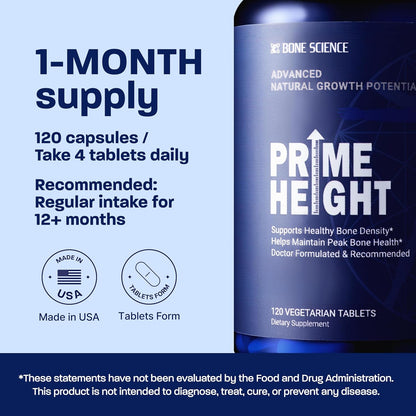 BONE SCIENCE Primeheight Bone & Growth Support with Calcium, Vitamin D3, K2, Magnesium, Zinc - Nutrient-Based Vegan Immune Formula, Non-GMO, 120 Tablets