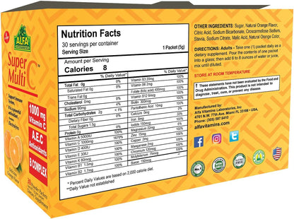 ALFA VITAMINS Super Multi C, Vitamin C Powder and Multivitamin Supplement Premium Quality Source of Nutrients, Minerals, Antioxidants & Electrolytes - 30 Packets