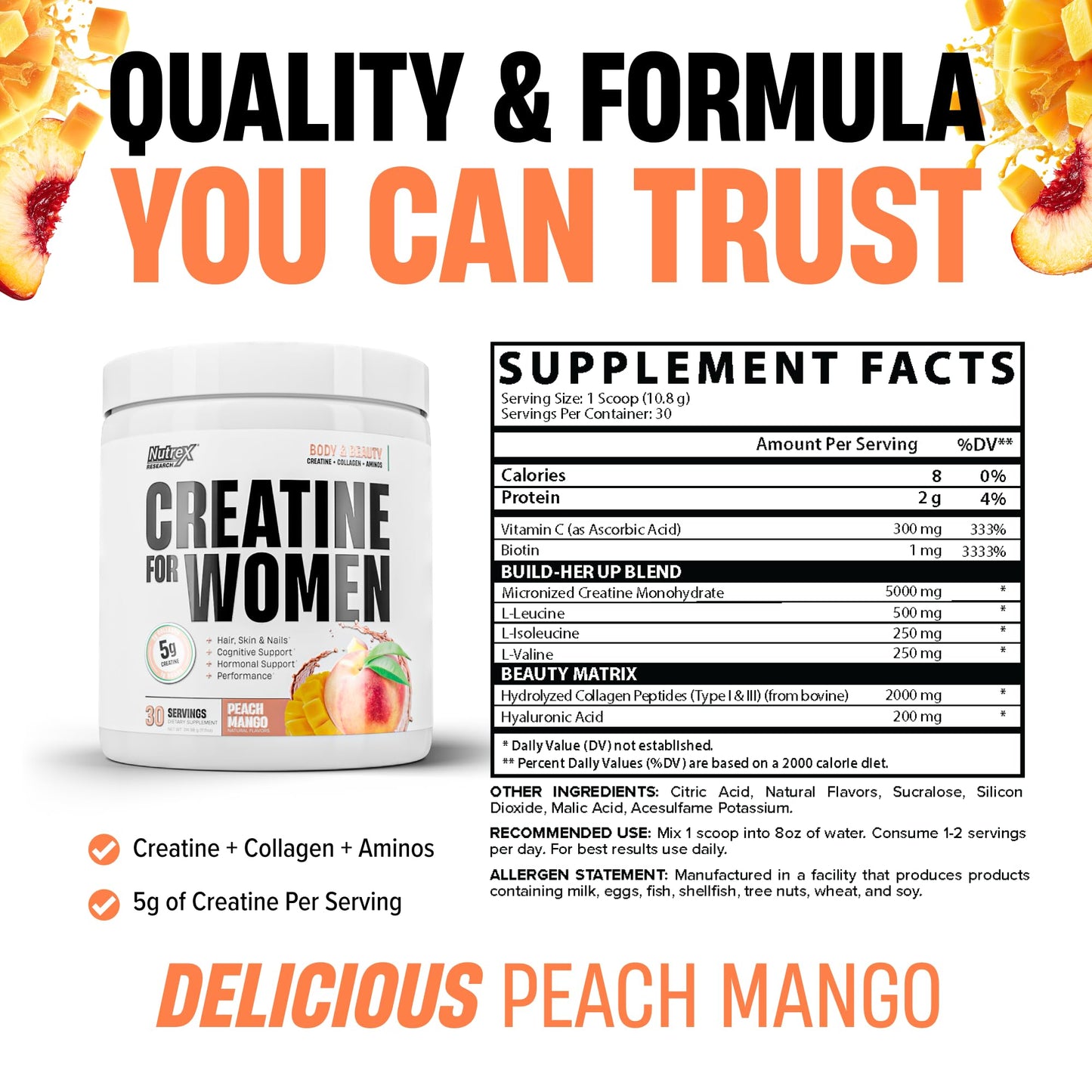 Nutrex Research Creatine for Women Booty & Beauty – Peach Mango | 5g Creatine, 2g Collagen, BCAAs & Hyaluronic Acid for Glutes, Strength & Skin | Gluten Free, 30 Servings