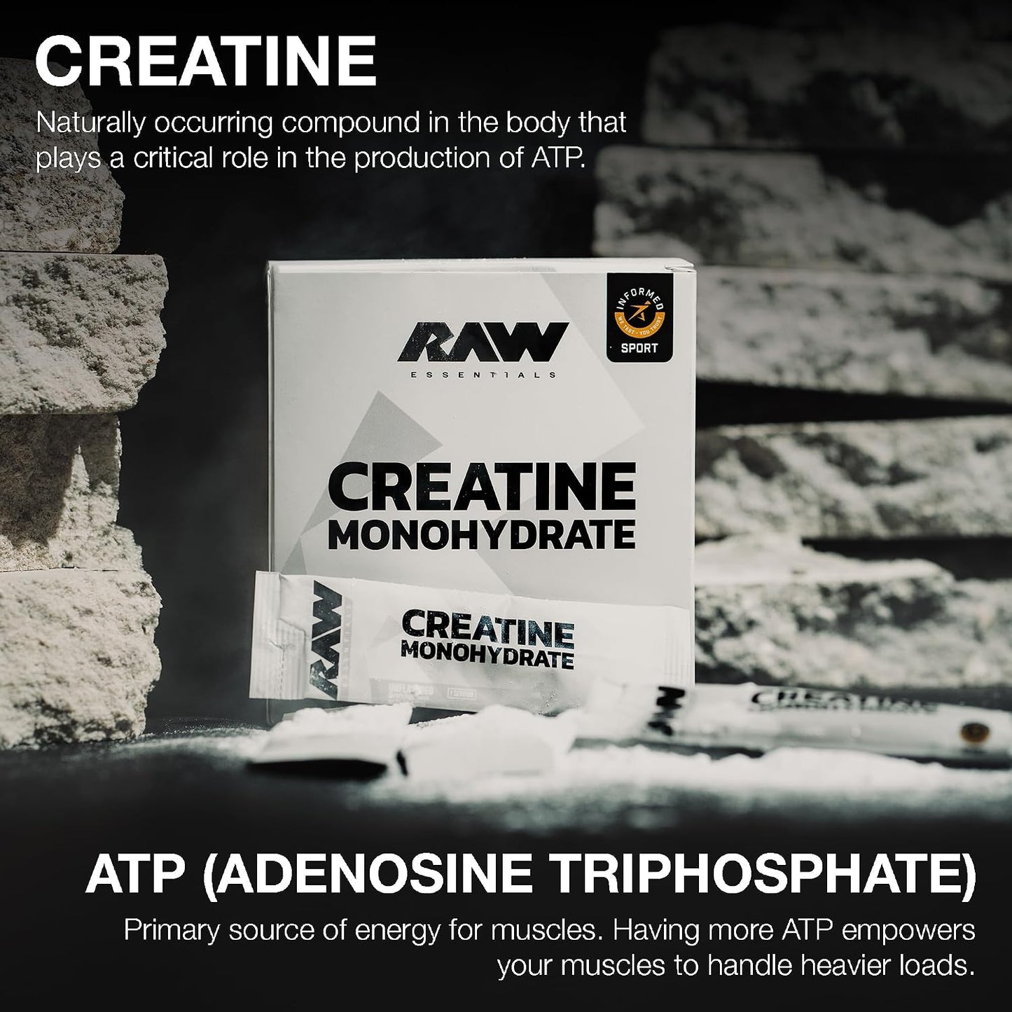 RAW Creatine Monohydrate to-Go Stick Packs, Unflavored – 5g Micronized Creatine Per Serving – Muscle Strength, Power & Recovery Support
