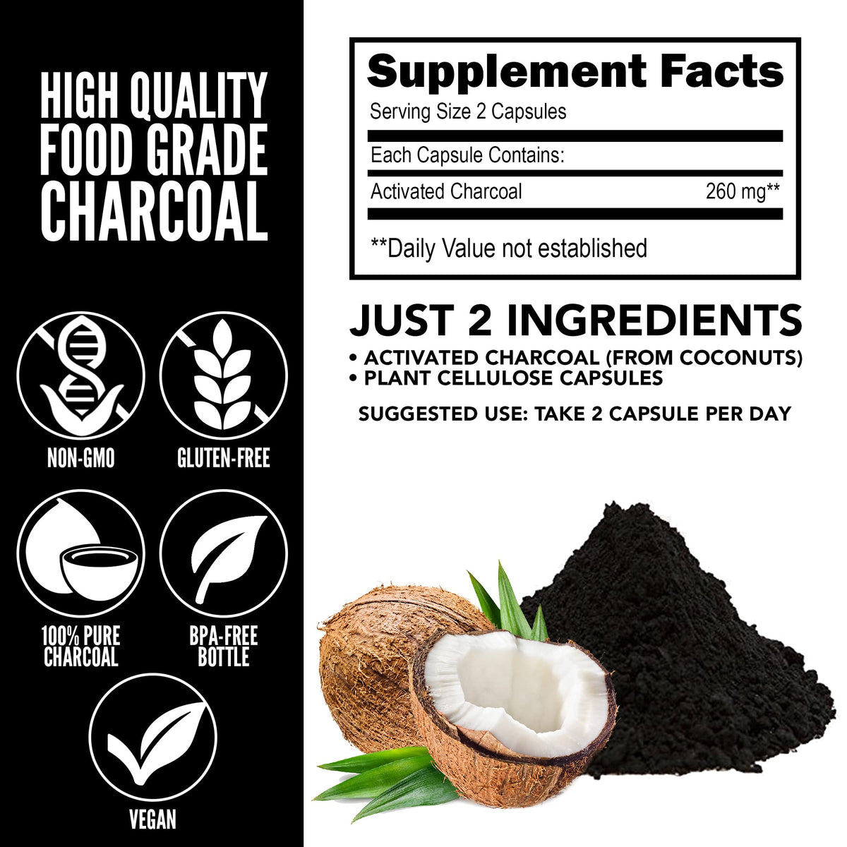Yerba Prima Activated Coconut Charcoal, 60 Capsules - Natural Detox - Vegetarian, Vegan, Gluten Free, Non GMO