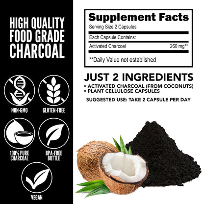 Yerba Prima Activated Coconut Charcoal, 60 Capsules - Natural Detox - Vegetarian, Vegan, Gluten Free, Non GMO