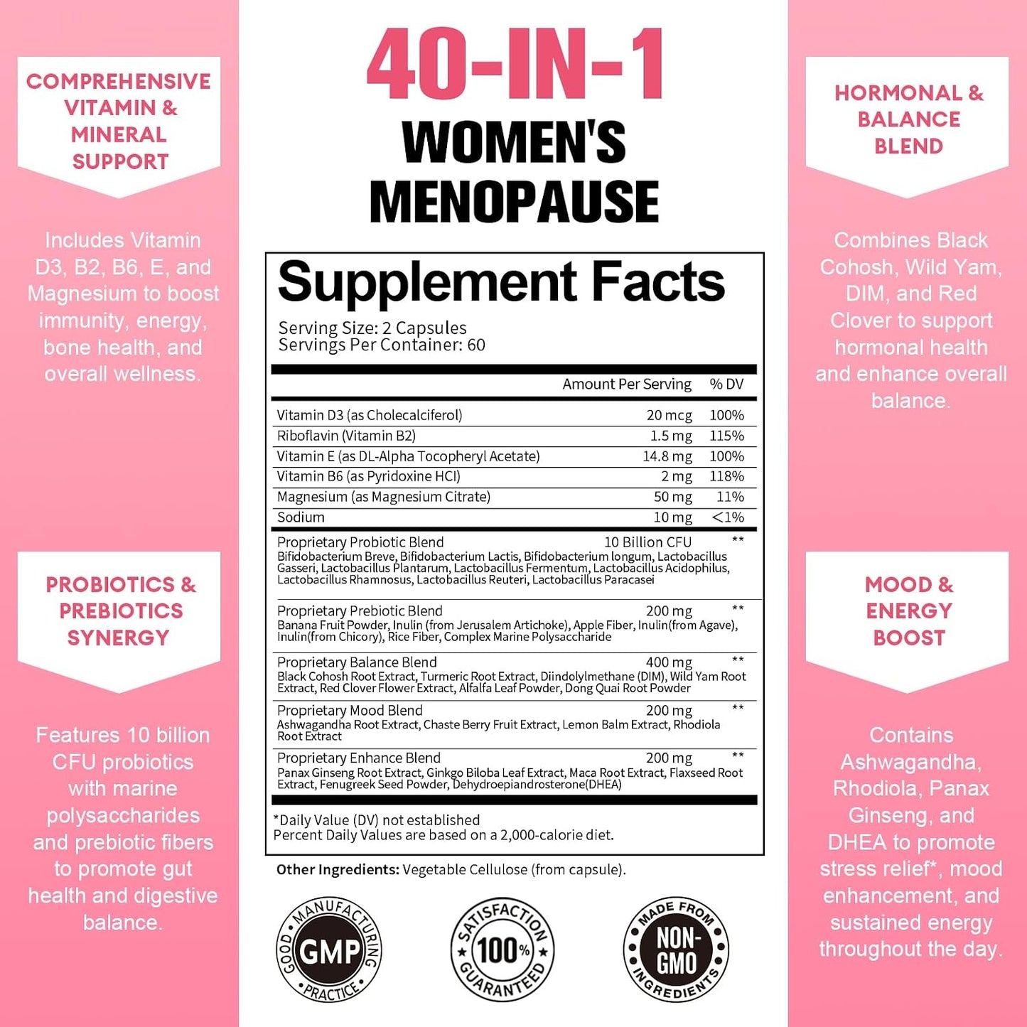 40-in-1 Menopause Supplements for Women, Multibenefit & Complete Black Cohosh for Hot Flashes, Night Sweats & Hormone Balance, w/ Probiotics, DIM, Vitex, Dong Quai, Red Clover and More, 120 Vegan Caps