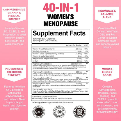 40-in-1 Menopause Supplements for Women, Multibenefit & Complete Black Cohosh for Hot Flashes, Night Sweats & Hormone Balance, w/ Probiotics, DIM, Vitex, Dong Quai, Red Clover and More, 120 Vegan Caps