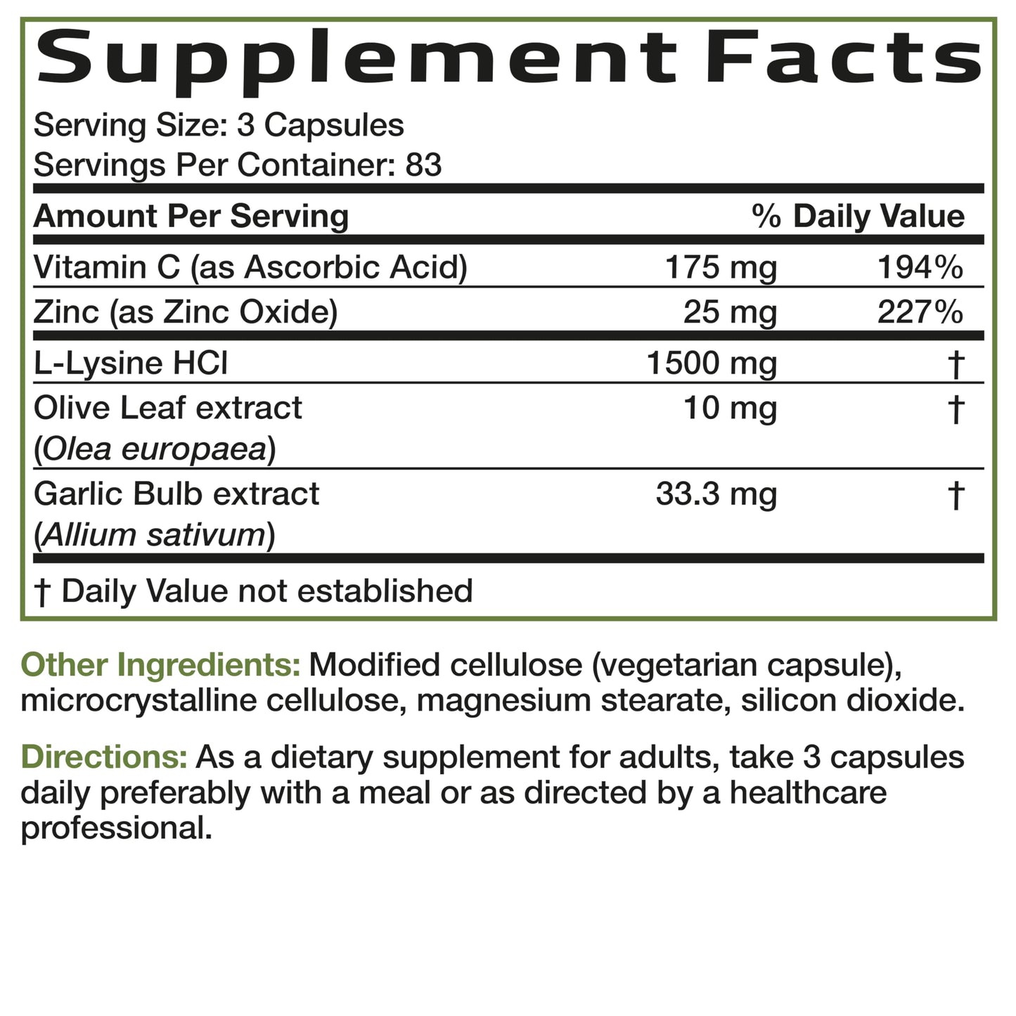 Bronson L-Lysine Defense Immune Support Complex, 1500 mg, 90 Capsules | Essential Amino Acid with Olive Leaf, Garlic, Vitamin C & Zinc, Vegetarian, Non-GMO, Gluten-Free & Soy-Free
