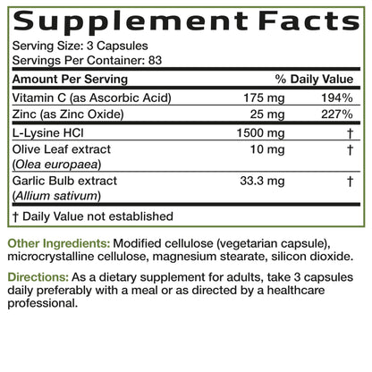 Bronson L-Lysine Defense Immune Support Complex, 1500 mg, 90 Capsules | Essential Amino Acid with Olive Leaf, Garlic, Vitamin C & Zinc, Vegetarian, Non-GMO, Gluten-Free & Soy-Free