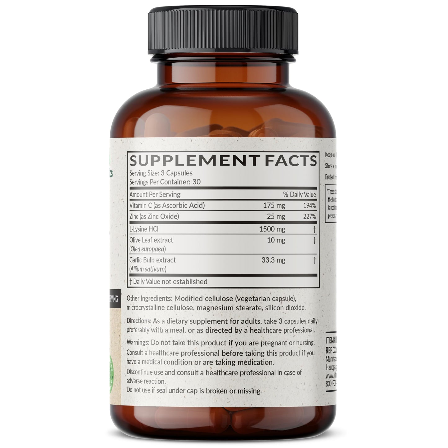 Futurebiotics L-Lysine Defense Immune Support Complex 1500 MG Per Serving with Vitamin C, Zinc, Olive Leaf & Garlic - Non-GMO, 90 Vegetarian Capsules