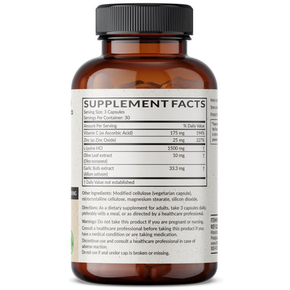 Futurebiotics L-Lysine Defense Immune Support Complex 1500 MG Per Serving with Vitamin C, Zinc, Olive Leaf & Garlic - Non-GMO, 90 Vegetarian Capsules