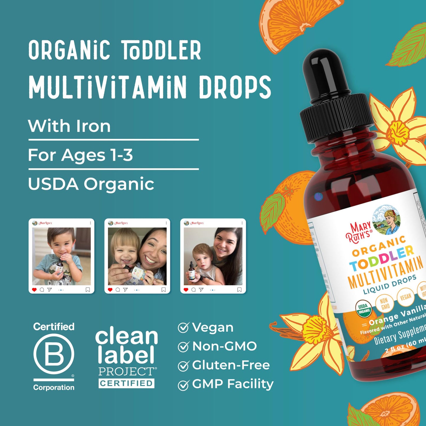 MARYRUTH'S Organics Multivitamin & Multimineral with Iron for Toddlers | USDA Organic | Sugar Free | Multivitamin Liquid Drops for Kids Ages 1-3 | Immune Support | Vegan | Non-GMO | 2 Fl Oz