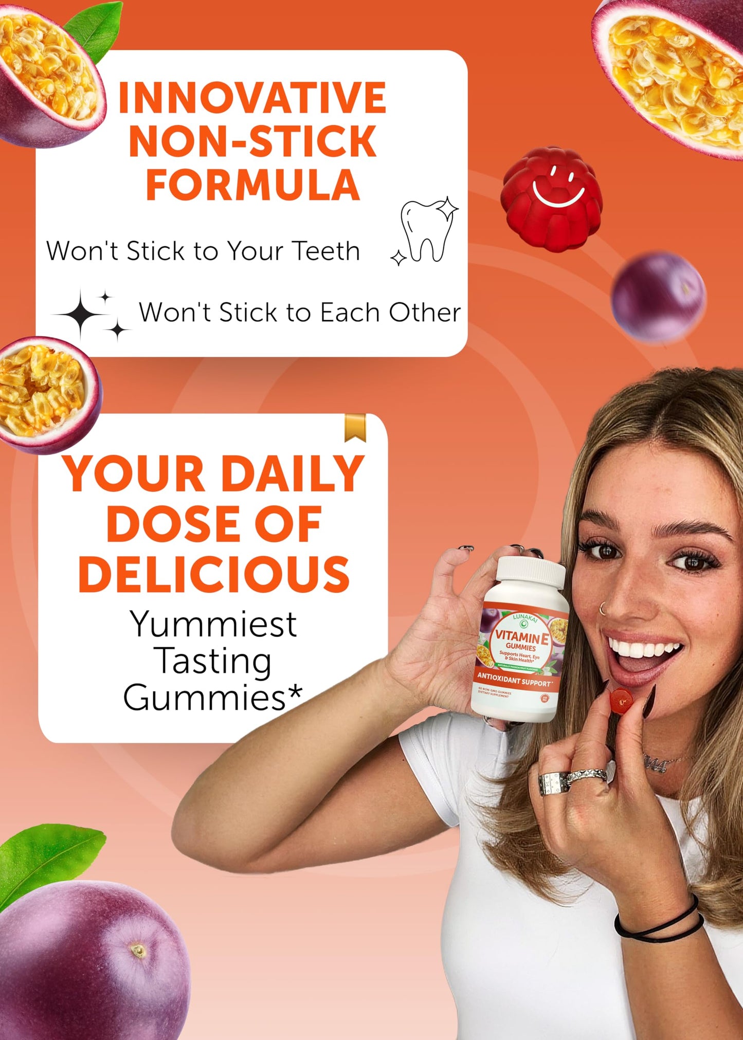 Lunakai USA Made Vitamin E 400 IU Gummies with Vitamin C 50mg, for Eye, Immune & Skin Support - d-Alpha-Tocopherol for Adults, Women & Men, Non-GMO Vegan, 60 Daily VIT E Gummies
