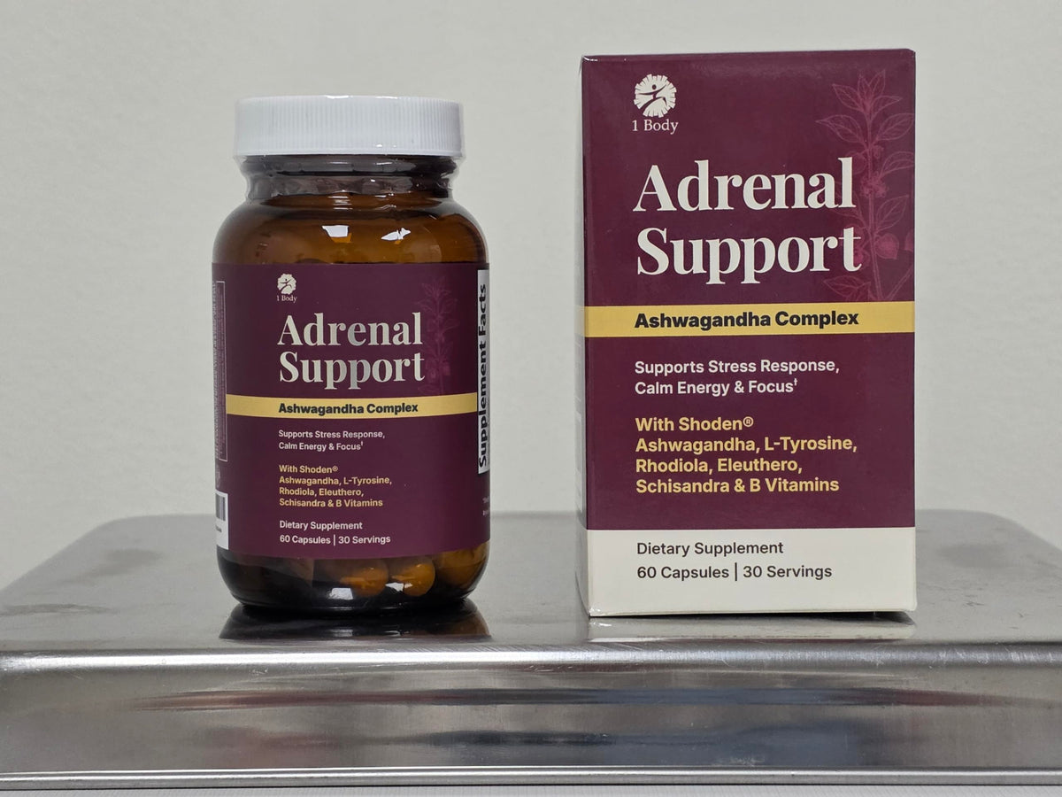 1 Body Adrenal Support Supplement, Shoden Ashwagandha + Cortisol, 60 Caps