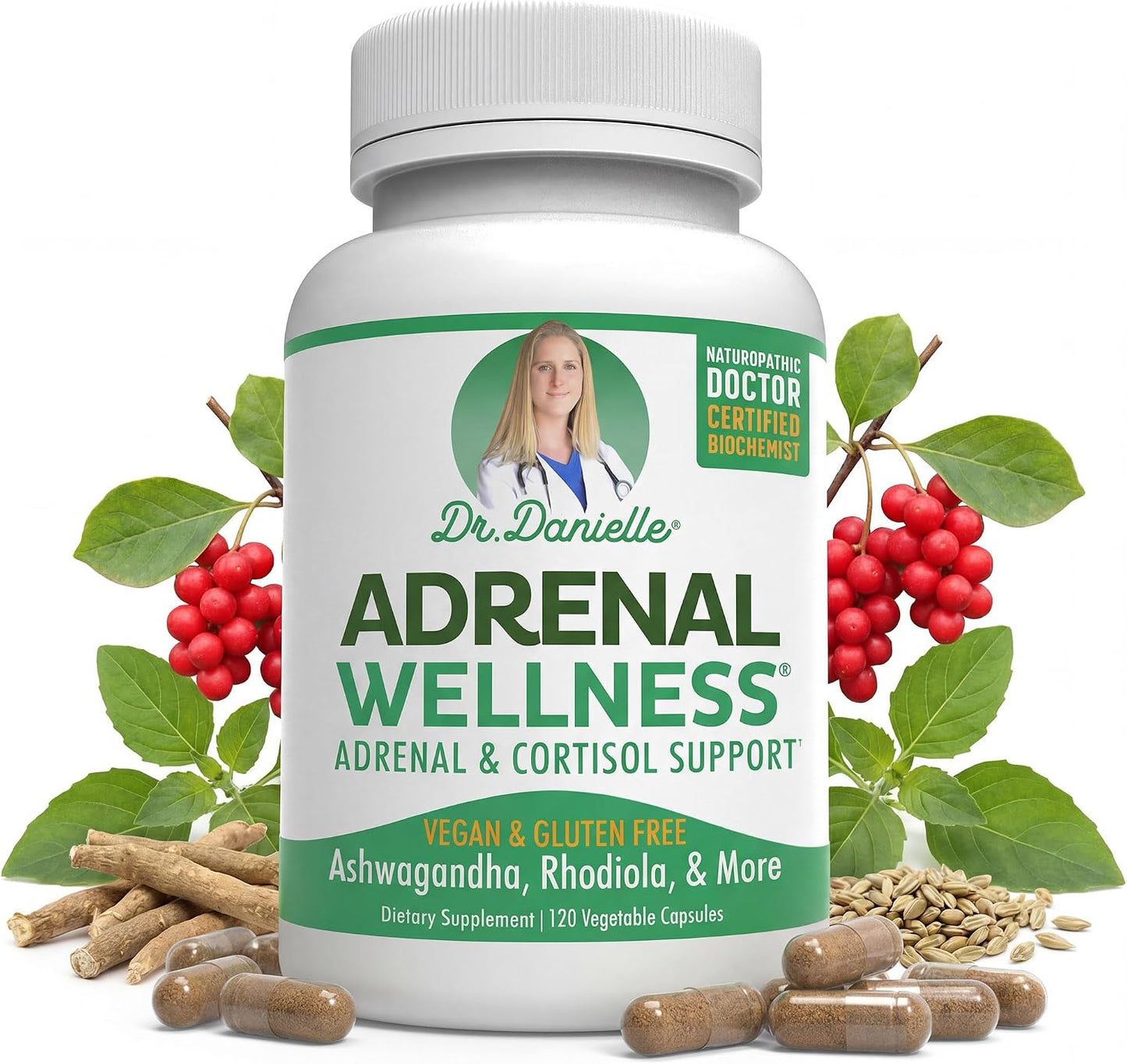 Adrenal Wellness Ashwagandha & More - Organic Mind, Body Support by Dr. Danielle, 120 Capsules