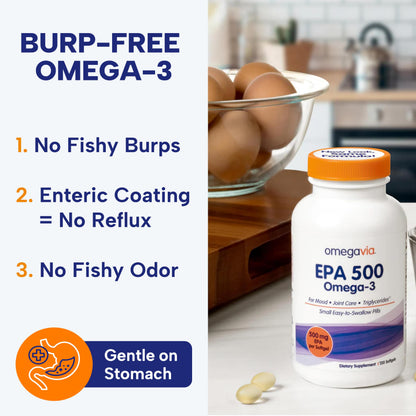 OmegaVia EPA 500, Purified Omega-3 Fish Oil Supplement, 500 mg EPA in Triglyceride Form, Burpless Fish Oil, Non-GMO, Gluten-Free, IFOS 5-Star, 120 Softgels