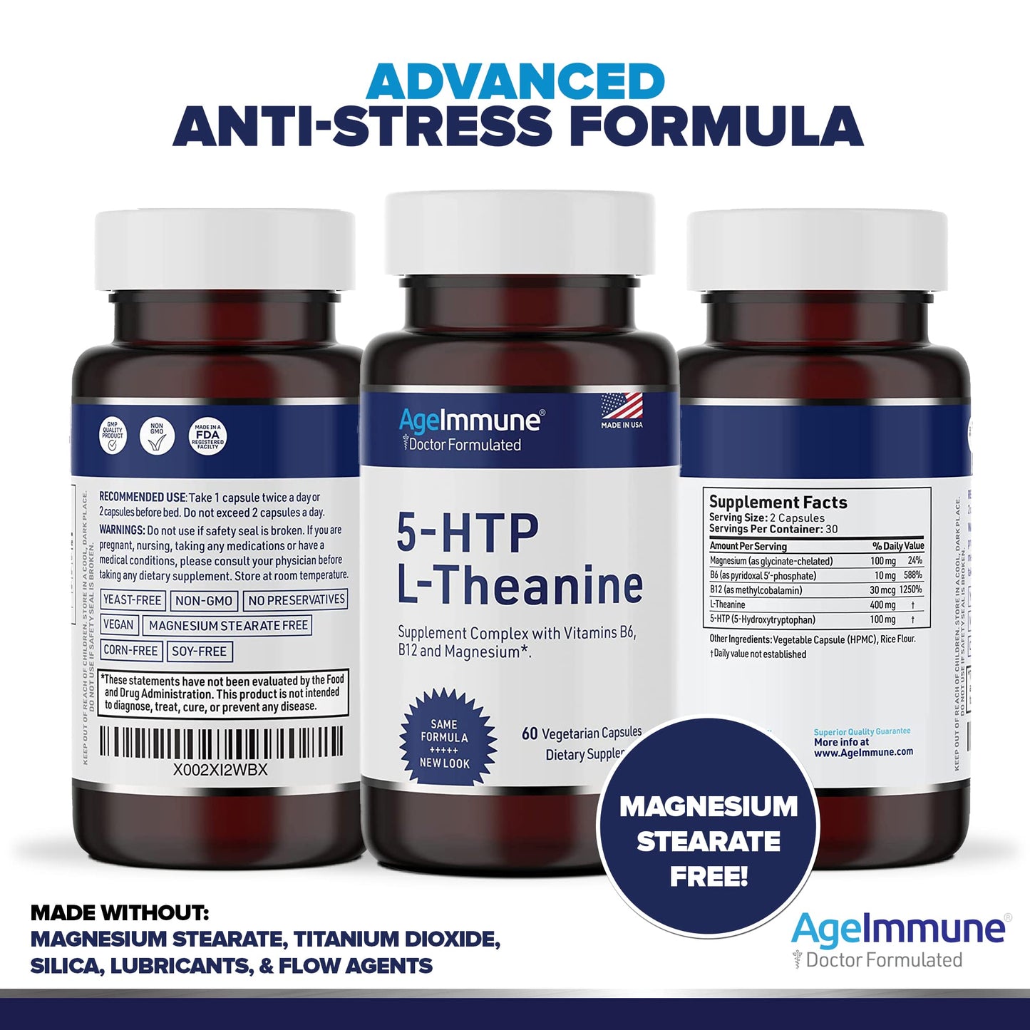 5-HTP 100mg with L-Theanine 400 mg Formula for Stress Relief and Relaxation Support for Teens and Adults with Vitamins B6 - B12 and Magnesium Bisglycinate - Doctor Formulated – without stearates.