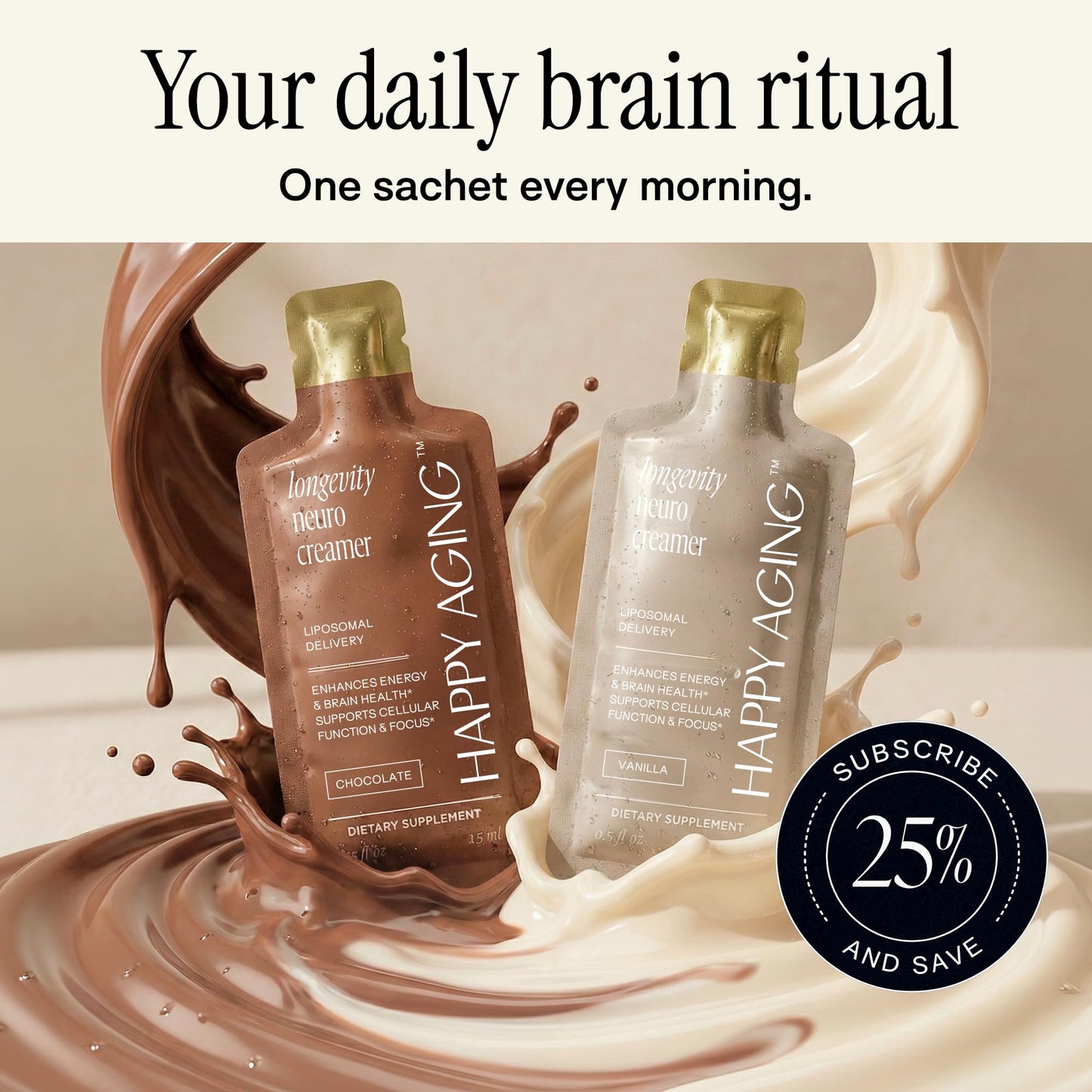 Happy Aging Liposomal Nootropic Coffee Creamer | 200mg L-Theanine, 200mg L-Tyrosine, 135mg Magnesium, 2.5g MCT Oil | Brain Focus & Energy | 30 Liquid Sachets | Vanilla & Chocolate | Vegan Keto