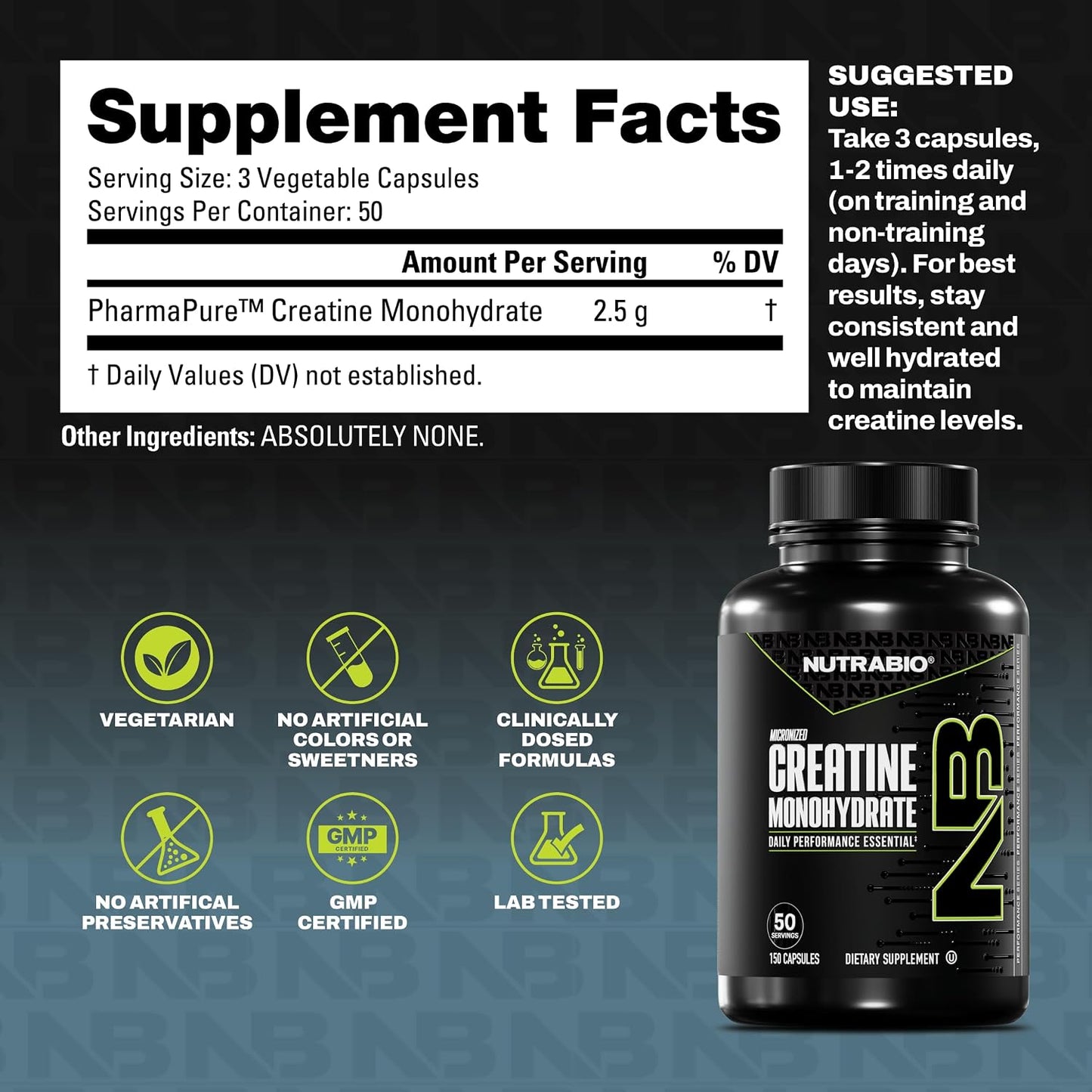 NutraBio Pure Micronized Creatine Monohydrate Capsules, Creatine Pills, Supports Bulk Muscle Energy, Recovery, and Strength - Keto Friendly, Kosher, Creatine Nutritional Supplement for Men and Women