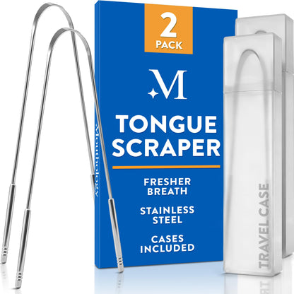 Mouthology Tongue Scraper for Adults (2 Pack), Reduce Bad Breath, Metal Tongue Scraper, Tongue Cleaner, Tongue Scraper, Stainless Steel Tongue Scraper, Tongue Cleaner for Adults, Tongue Scrubber