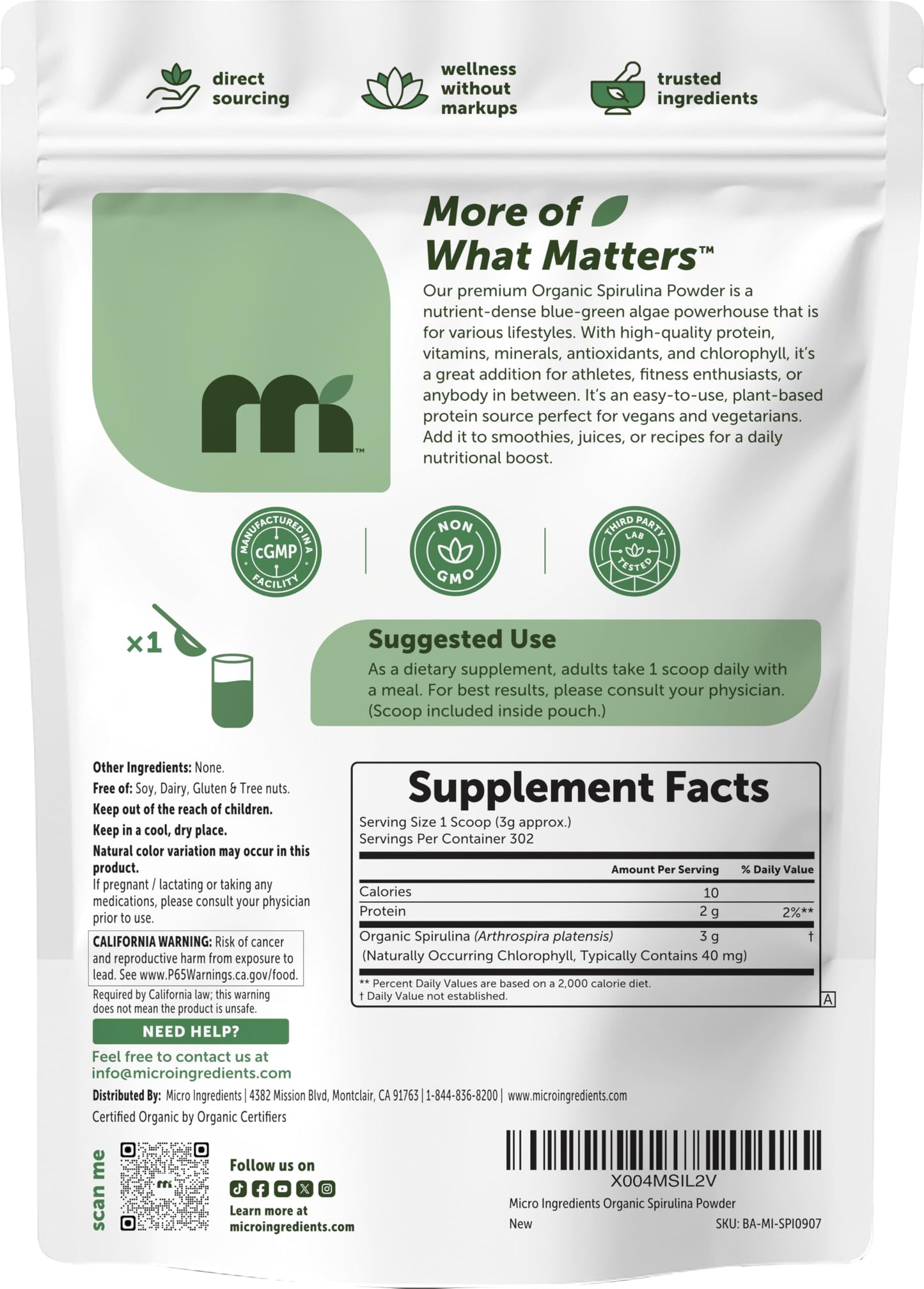 Organic Spirulina Powder, 1lb | Blue-Green Algae, Naturally Occurring Vegan Protein, Vitamins & Minerals | Source of Natural Chlorophyll & Enzymes | Non-GMO, Gluten-Free, No Additives