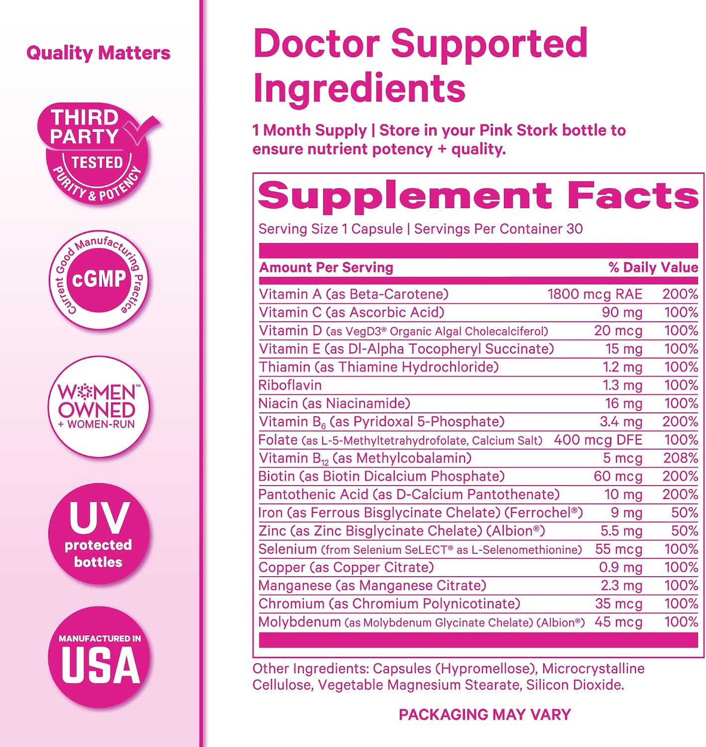 Pink Stork Total Women's Multivitamin - 19 Essential Vitamins for Women & Nutrients – Energy, Metabolism, Hormone, Immune & Mood Support – B6, B12, Biotin, Iron & Zinc – 30 Capsules