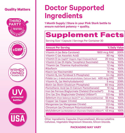 Pink Stork Total Women's Multivitamin - 19 Essential Vitamins for Women & Nutrients – Energy, Metabolism, Hormone, Immune & Mood Support – B6, B12, Biotin, Iron & Zinc – 30 Capsules