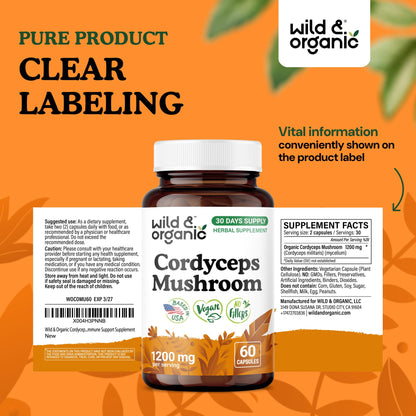 Wild & Organic Cordyceps Mushroom Tincture - Energy & Immune Support - Cordyceps Sinensis Extract Supplement - Liquid Mushroom Drops - Add to Tea & Mix with Powder - Sugar & Alcohol-Free - 4 fl oz