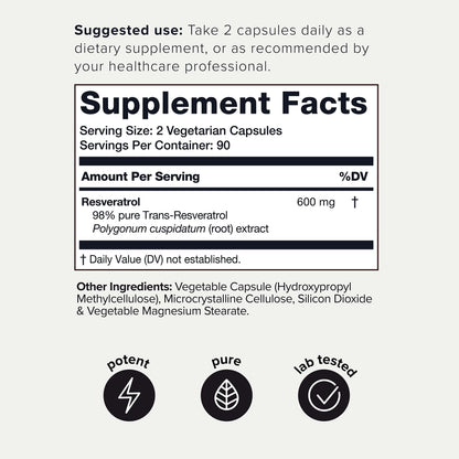 Toniiq Ultra High Purity Resveratrol Capsules - 98% Trans-Resveratrol - Highly Purified
