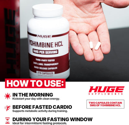 Huge Supplements Yohimbine HCl 5mg, Third Party Tested, Fat Loss & Energy Support, Advanced Performance Formula for Body Recomposition - 270 Veg Capsules