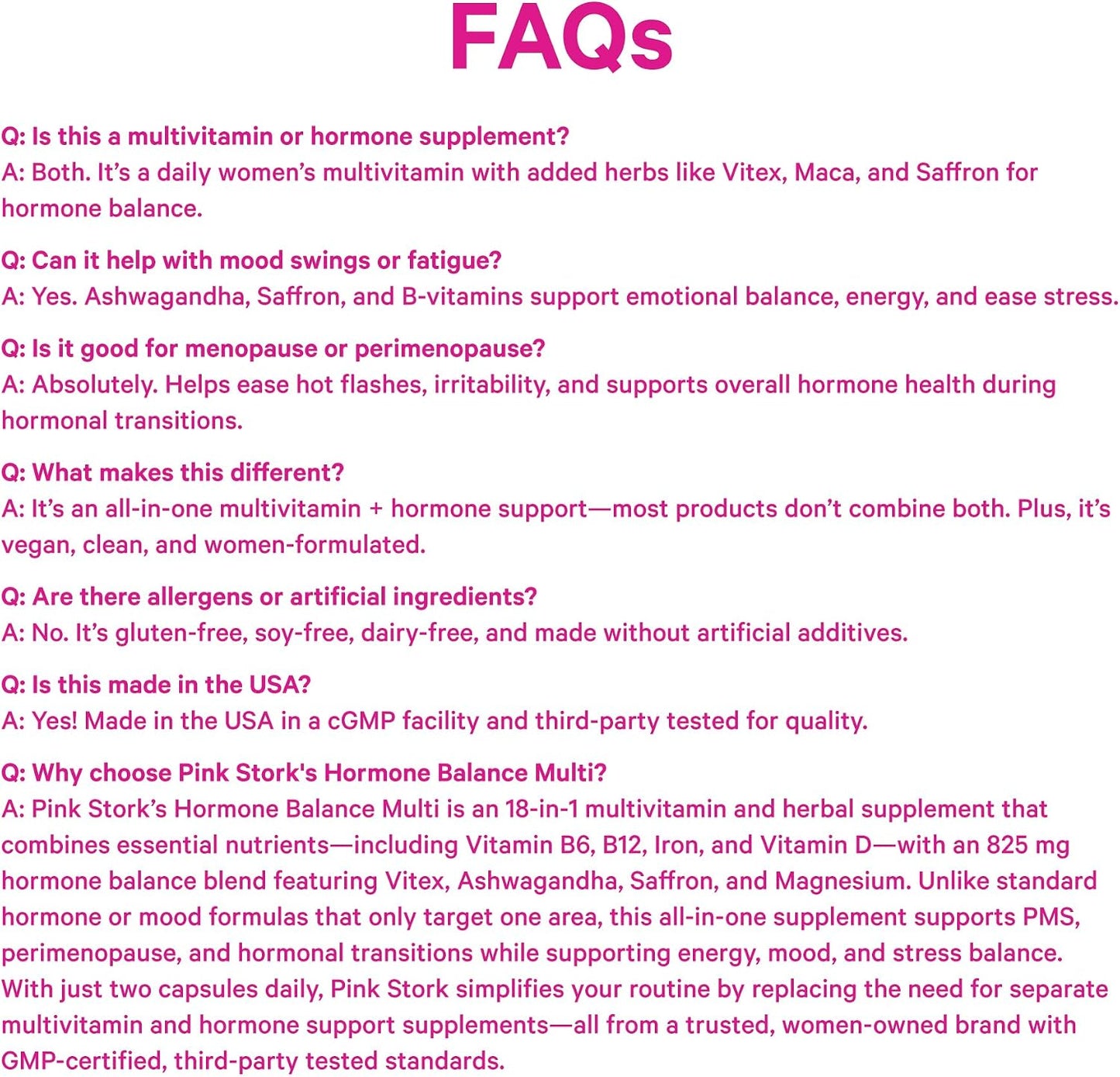 Pink Stork Hormone Balance Multivitamin for Women, 60 Vegan Capsules | 18-in-1 Vitex, Saffron, Ashwagandha, Magnesium | Mood, Energy, Cortisol, Adrenal Support | PMS, Perimenopause Support