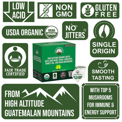 Organic Mushroom Coffee Pods with Lion's Mane, Reishi, Cordyceps, Turkey Tail, and Chaga Mushrooms. High Altitude, Low Acid, Smooth Tasting, Fair Trade, Instant Nootropic Coffee (Medium Roast Ground)