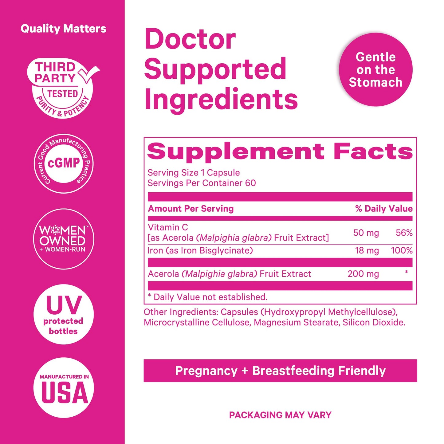Pink Stork Iron for Women with Vitamin C, 60 Capsules, 2-Month Supply | 18 mg Chelated Iron Bisglycinate + Vitamin C, Supports Energy, Focus + Oxygen, Pregnancy, Postpartum, PMS + Perimenopause
