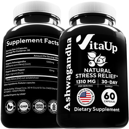 VitaUp Organic Ashwagandha Capsules 1310 mg - USA Made Ashwagandha Supplements