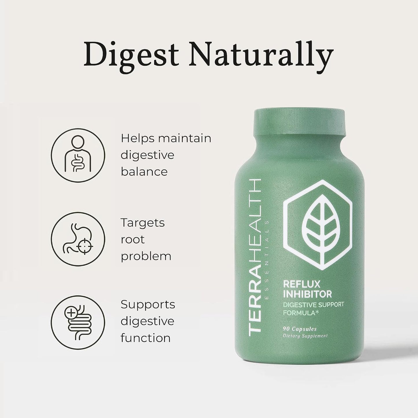 Terra Health Essentials Reflux Inhibitor - Daily Digestive Support Supplement for Efficient Digestion, Nutrient Absorption & Acid Balance - Betaine HCl with Pepsin - 30-Day Supply, 90 Capsules