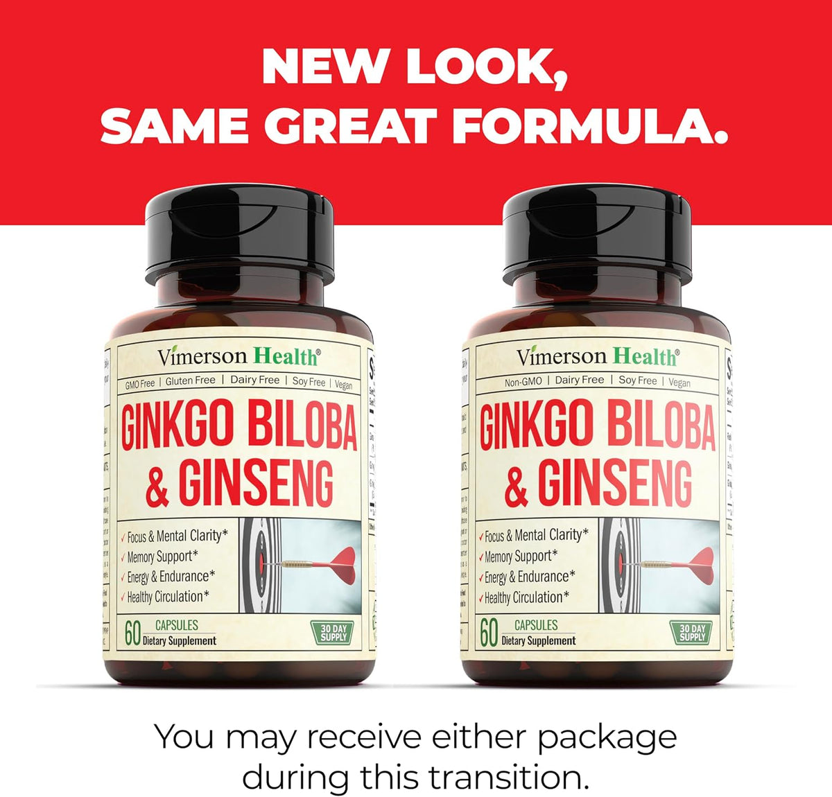 Asian Ginseng & Ginkgo Biloba Supplements w/ Potent Extracts – 60 Capsules