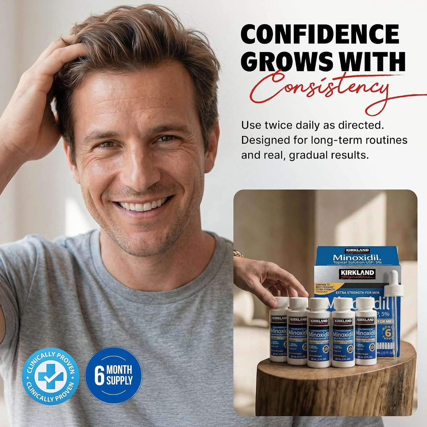 Kirkland Minoxidil for Men Liquid, Extra Strength Hair Regrowth Treatment 5%, 6 Months Supply - Upgraded Dropper Applicator and Bonus Free Guide Included