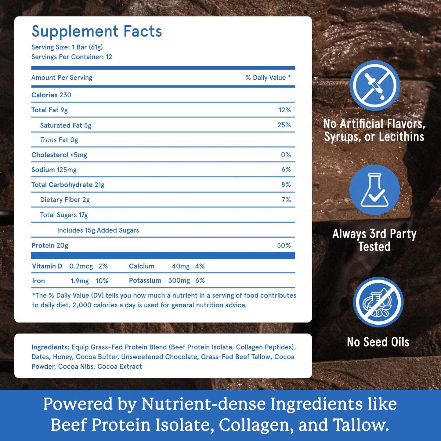 Equip Foods High Protein Prime Bars – Grass Fed Beef Protein, Collagen & Tallow – Gut Friendly, Gluten Free 20g Protein Bars - Only Real-Food Ingredients - Peanut Butter Chocolate, 12 Count