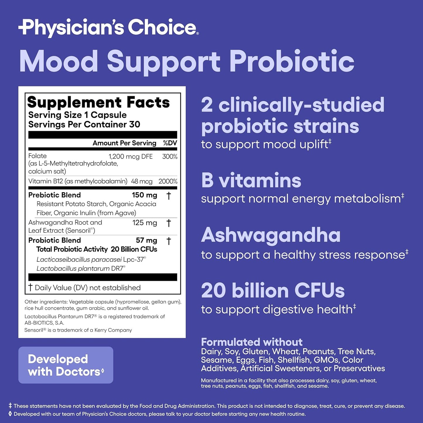 Physician's CHOICE Mood Support Probiotic - Supports a Balanced Mood, Healthy Stress Response & Digestive Health with Prebiotics, Ashwagandha, Vitamin B12, Folate - for Men & Women - 30ct