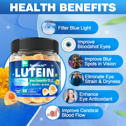 Lutein 20mg 40mg and Zeaxanthin Supplements for Eyes, Lutein Gummies with Omega 3, Saffron, Zinc, Bilberry & Goji Berry for Vision Support - Eye Vitamins Gummies for Seniors - Vegan, Sugar Free, 60ct