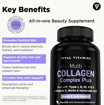 Vital Vitamins Multi Collagen Complex Plus Biotin, Hyaluronic Acid & VIT. C | Hair, Skin, & Nails Supplements for Women and Men, 5 Collagen Types I II III V & X, 150 Capsules