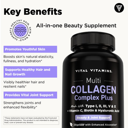 Vital Vitamins Multi Collagen Complex Plus Biotin, Hyaluronic Acid & VIT. C | Hair, Skin, & Nails Supplements for Women and Men, 5 Collagen Types I II III V & X, 150 Capsules