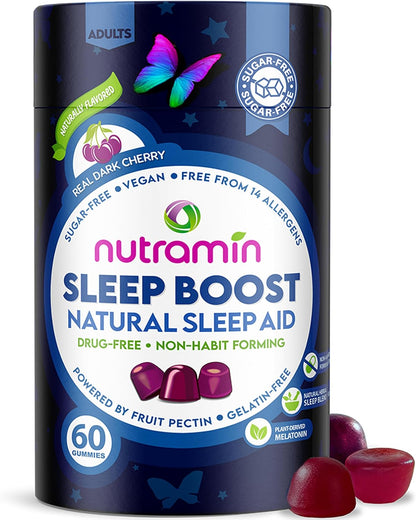 NUTRAMIN Sleep Boost - Dual Sleep Formula Melatonin + Herbal Blend - Sugar-Free, Vegan, Apple Pectin, Dark Cherry 60 ct