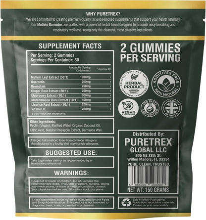 Mullein Gummies 60 Count, 8 in 1 Herbal Blend for Respiratory Support, Lung & Immune Care, Mullein Leaf Extract, Elderberry, Vitamin C, Ginger Root, Quercetin, Bromelain, Pineapple Flavor